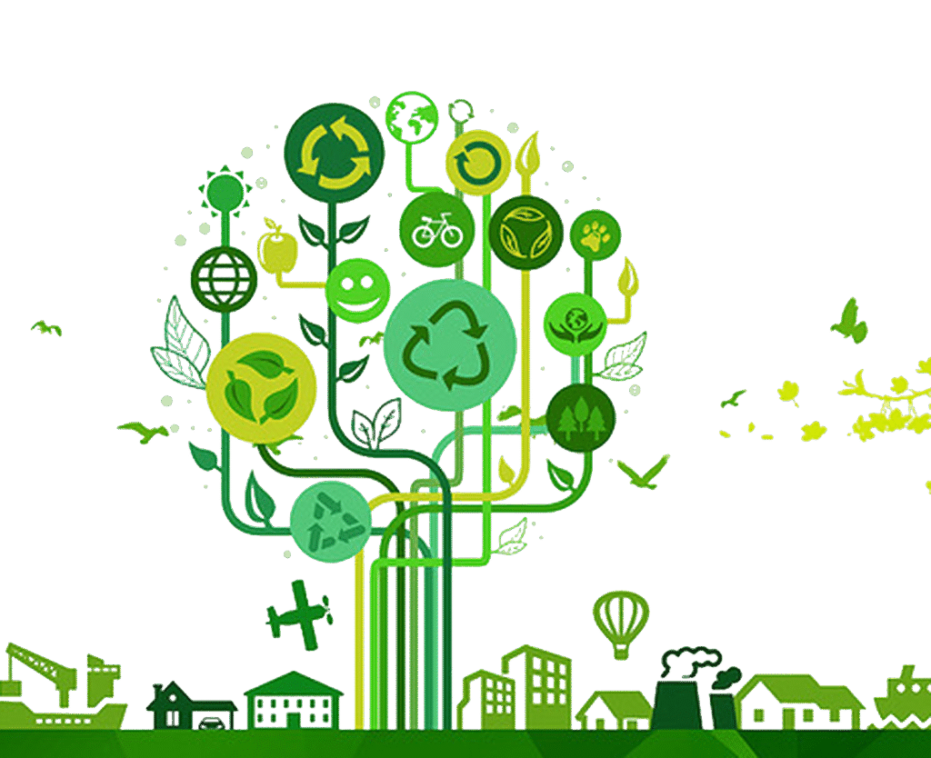 Green conceptual tree with recycling and sustainability icons growing above an eco-friendly city landscape.