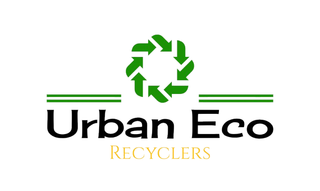 Minimalist logo for Urban Eco Recyclers featuring a green recycling symbol integrated with a modern city skyline.