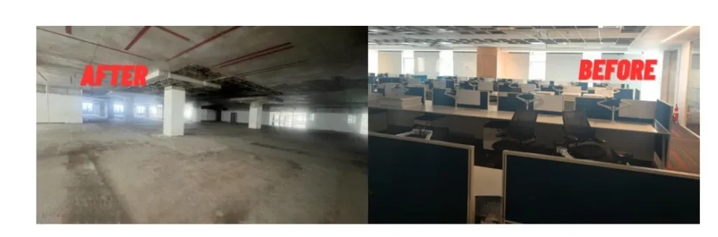 A side-by-side comparison showing a fully furnished corporate office with cubicles before clearance, and a completely cleared, bare concrete floor space after.