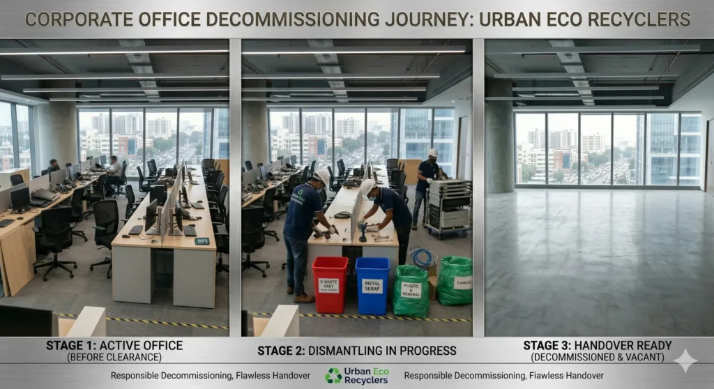 Three-stage corporate office decommissioning journey by Urban Eco Recyclers. The process shows an active office setup, workers actively sorting e-waste and metal scrap during dismantling, and the final vacant workspace. Expert office dismantling services in Bangalore.