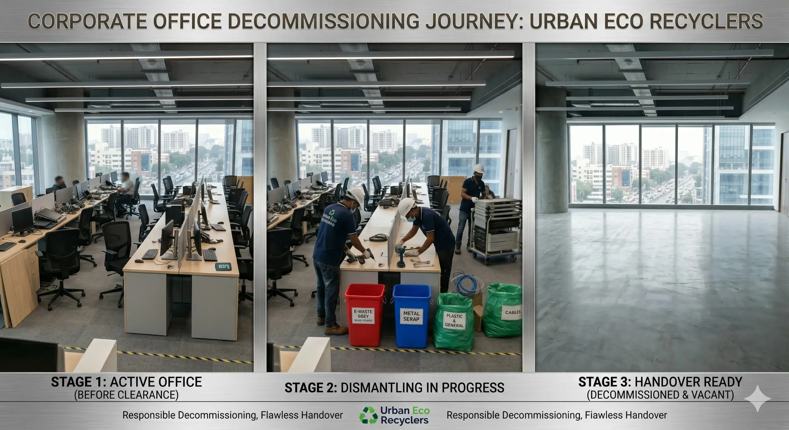 Office Dismantling Services Three-stage corporate office decommissioning journey by Urban Eco Recyclers. The process shows an active office setup, workers actively sorting e-waste and metal scrap during dismantling, and the final vacant workspace. Expert office dismantling services in Bangalore.