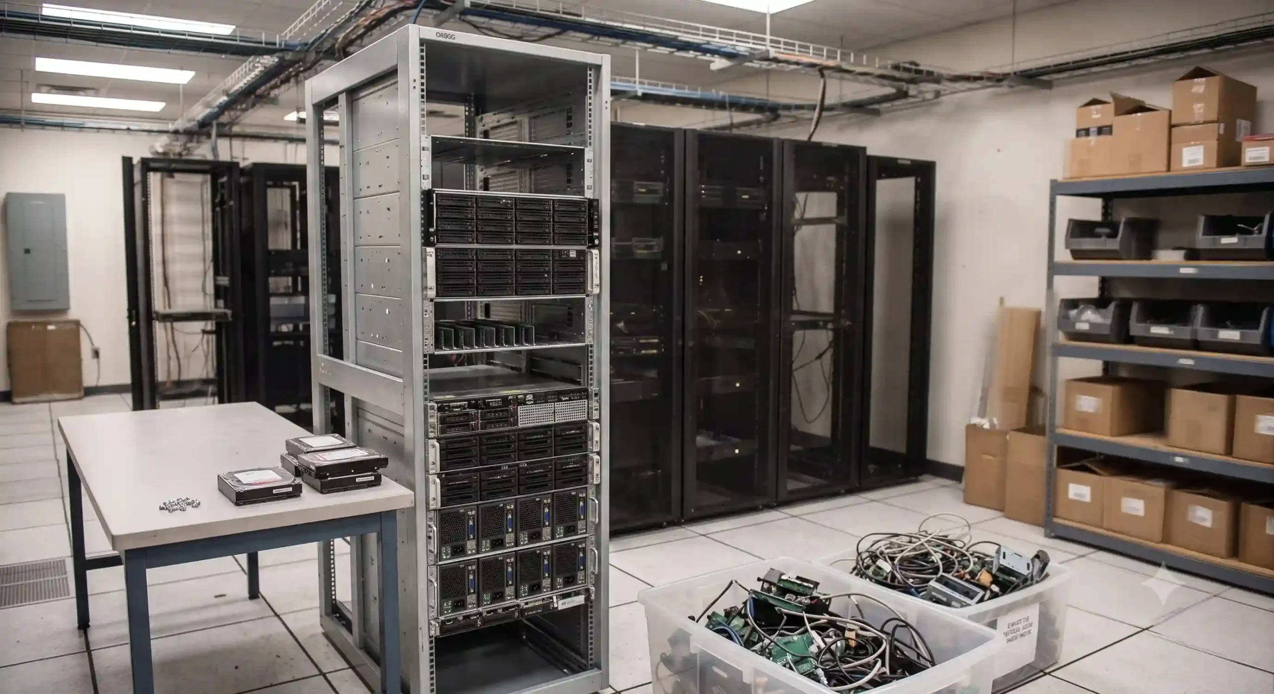 IT Equipment Disposal A server room during a decommissioning project showing an emptied server rack, removed hard drives on a table, and bins filled with discarded cables and electronic components for e-waste recycling.