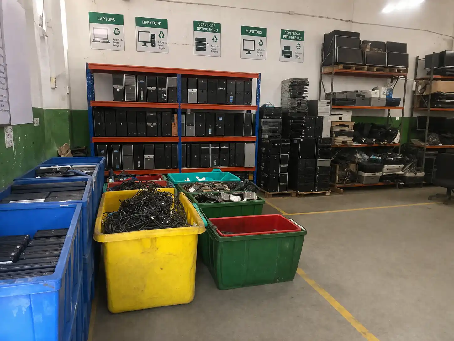 Certified office equipment recycling and e-waste processing facility with proper safety measures and CPCB authorization