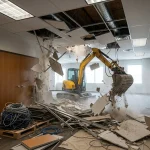 Building demolition contractors in Bangalore dismantling a commercial building interior with an excavator