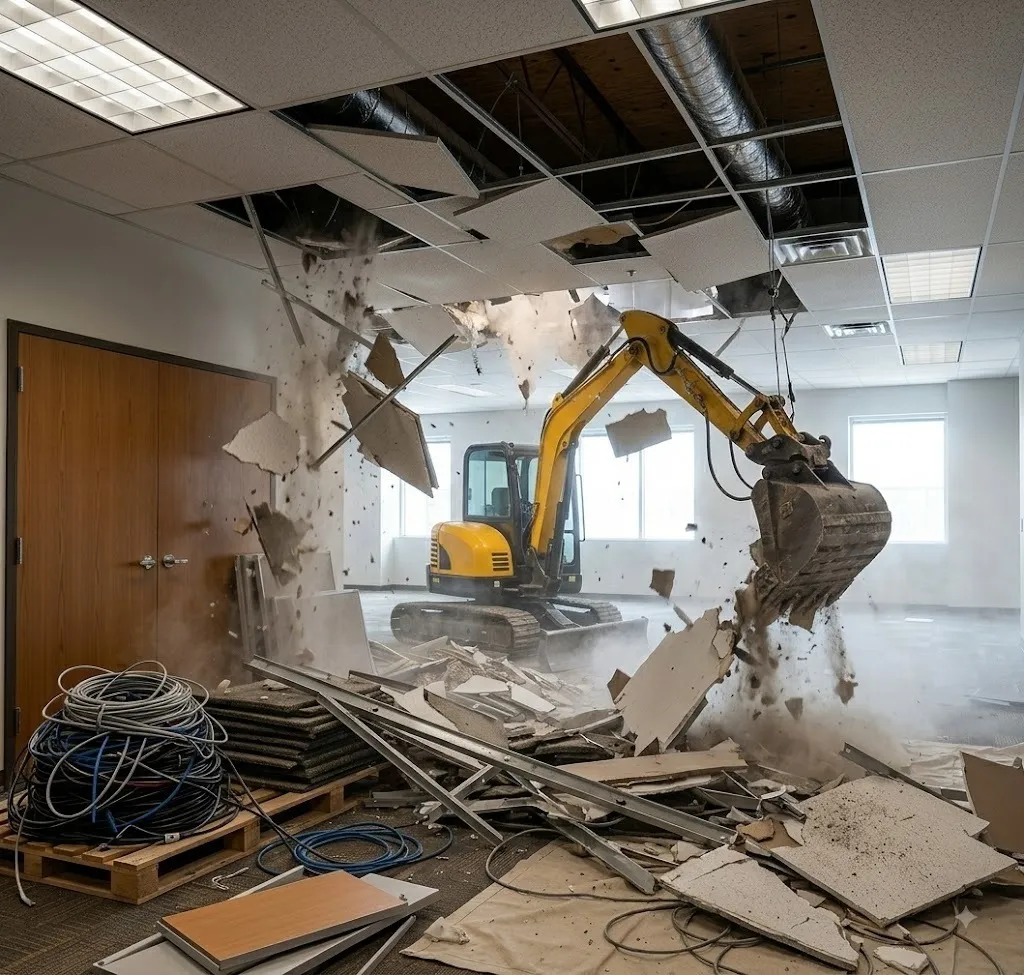 Building demolition contractors in Bangalore dismantling a commercial building interior with an excavator