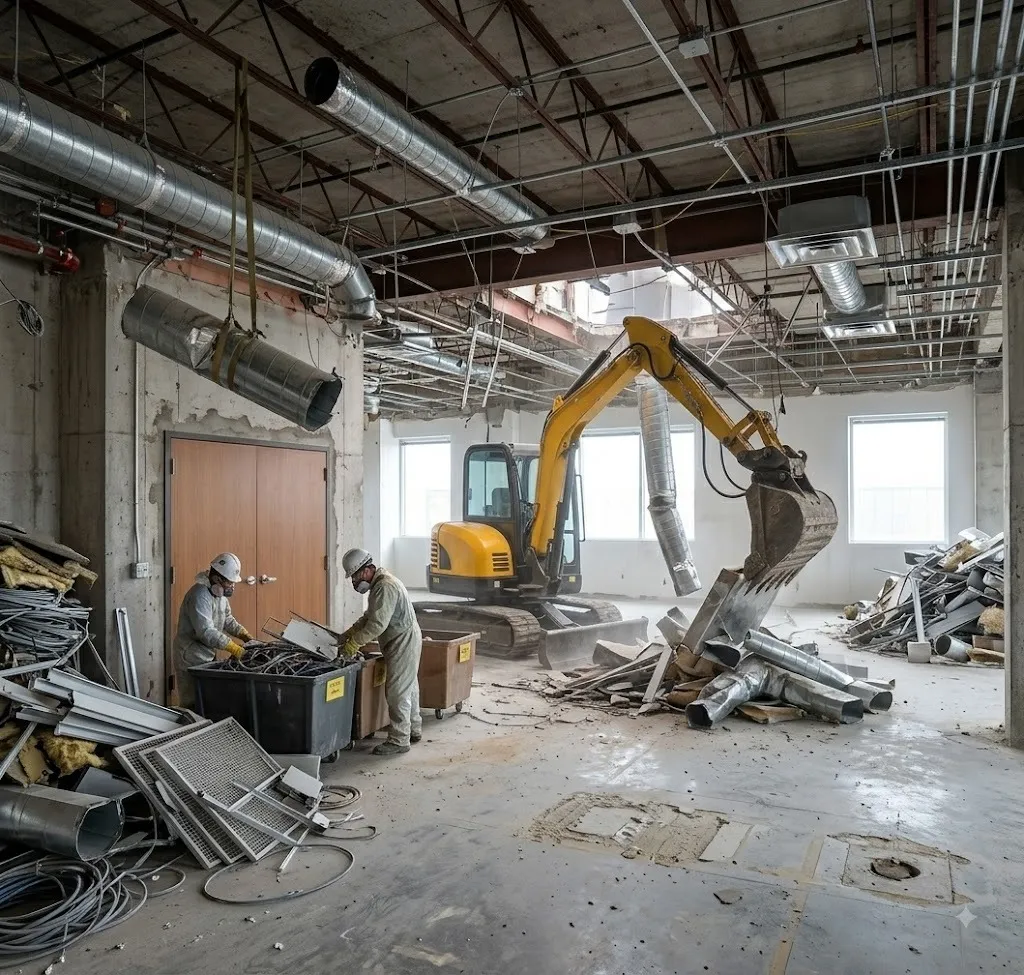 Eco-friendly building demolition in Bangalore with debris sorted for recycling and scrap clearance