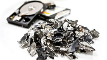 An image collage showing an industrial hard drive shredder machine, an open mechanical hard disk drive, and a pile of shredded aluminum metallic scrap from destroyed data storage devices.
